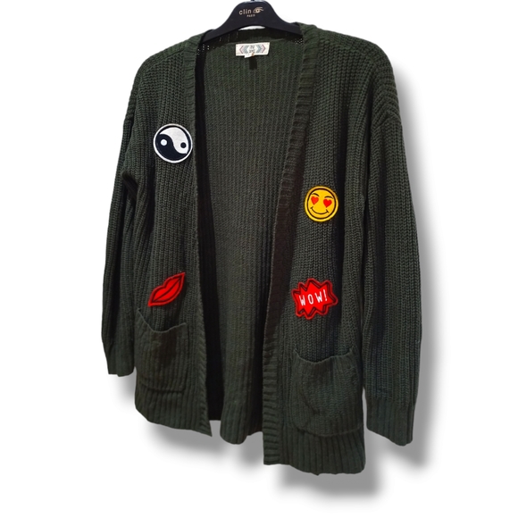 PINK ROSE Women's Army Green Emoji Knit Cardigan - Picture 3 of 16
